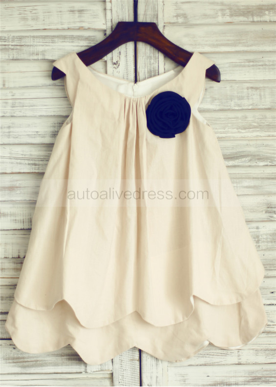 Linen Flower Girl Dress with Navy Blue Flower 